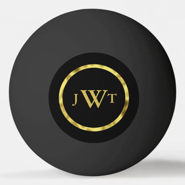 Elegant Black with Faux Gold Monogram Ping Pong Ball (Front)