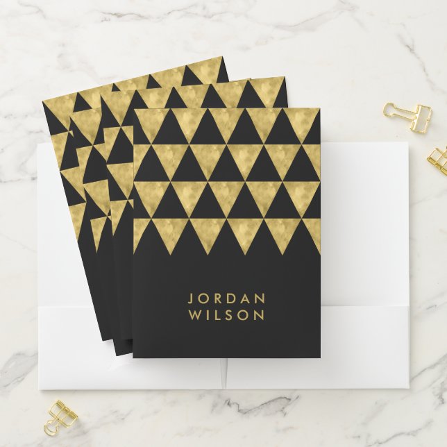 Elegant Black with Faux Gold Triangle Pattern Pocket Folder (In Situ)