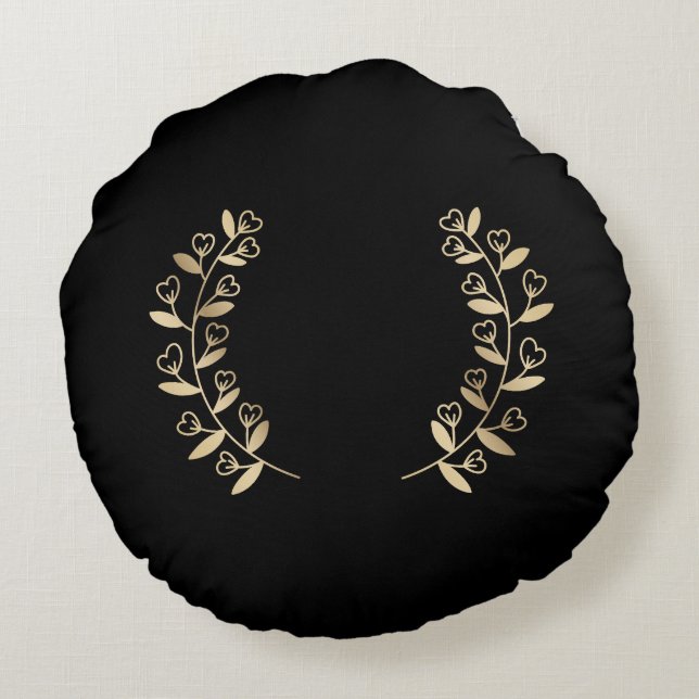 Elegant black with Faux Gold Trim Round Pillow (Back)