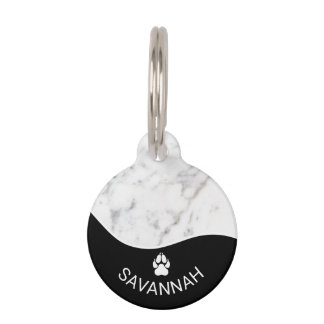 Elegant Black With Faux White Marble Texture & Paw Pet ID Tag