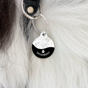 Elegant Black With Faux White Marble Texture & Paw Pet ID Tag