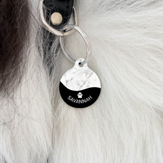 Elegant Black With Faux White Marble Texture &amp; Paw Pet ID Tag
