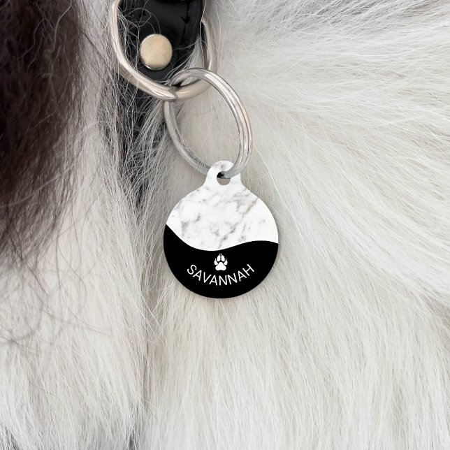 Elegant Black With Faux White Marble Texture & Paw Pet ID Tag (Creator Uploaded)