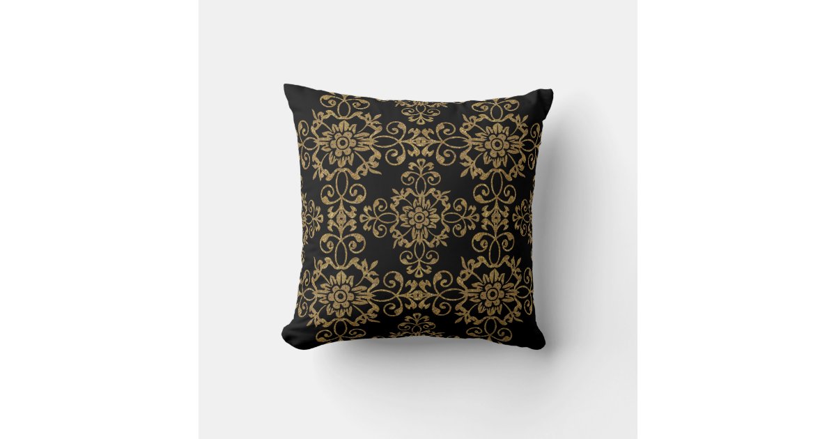 Elegant Black with Gold Glitter Damask Design Throw Pillow Zazzle