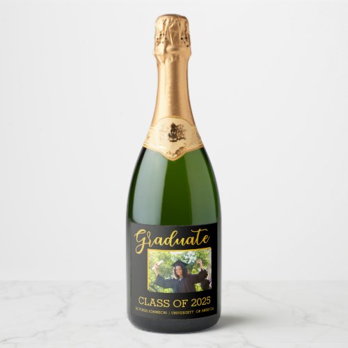 Elegant Black with Gold Glitter Graduate Photo  Sparkling Wine Label