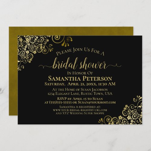 Elegant Black with Gold Lace Frills Bridal Shower Invitation