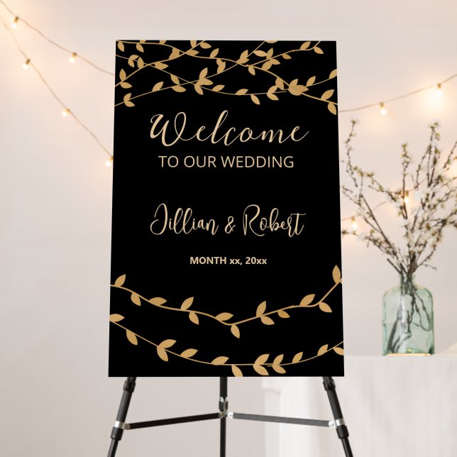 Elegant Black with Gold Leaves Wedding Welcome Foam Board (In Situ (Stand))