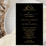 Elegant Black with Gold Monogram Wedding Program<br><div class="desc">Elegant black and gold Wedding program with beautiful hand drawn monogram and modern hand written calligraphy details in faux gold foil. Ability to make text changes and adjustments by selecting customize further. Front with wedding ceremony details, back with wedding party names and thank you message for your guests. Black and...</div>