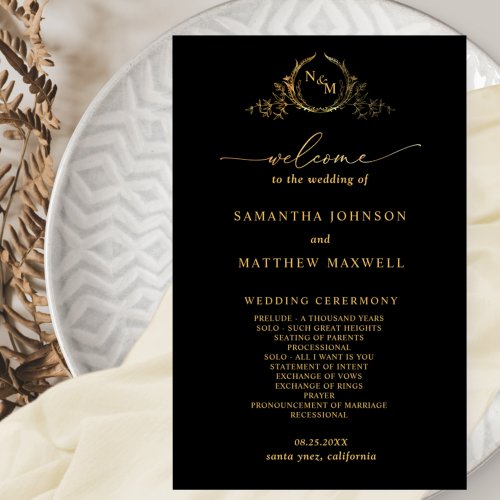 Elegant Black with Gold Monogram Wedding Program