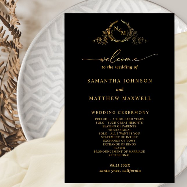 Elegant Black with Gold Monogram Wedding Program (Creator Uploaded)