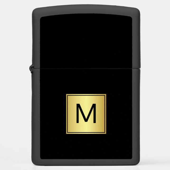 Elegant Black with Gold Square Frame and Monogram Zippo Lighter (Front)