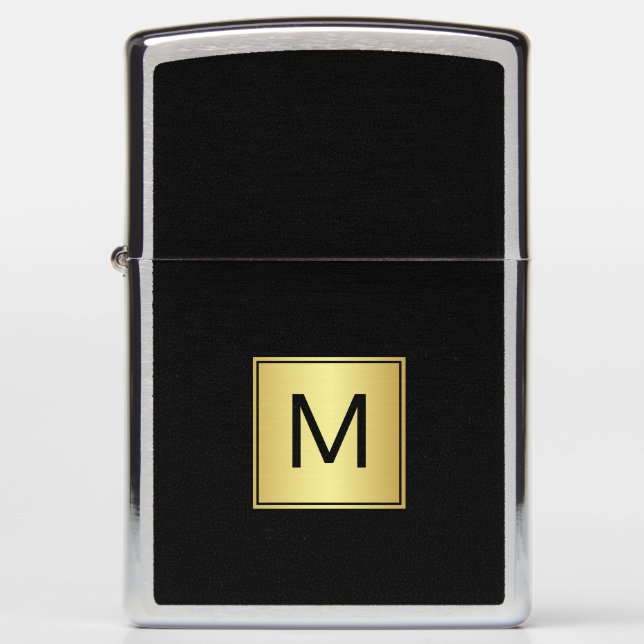 Elegant Black with Gold Square Frame and Monogram Zippo Lighter (Front)