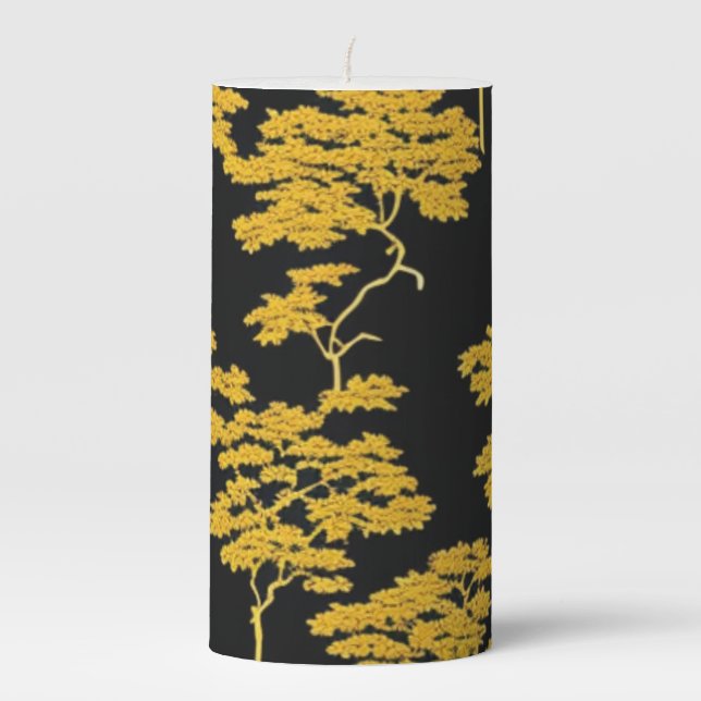 Elegant Black with Gold Tree  Pillar Candle (Front)