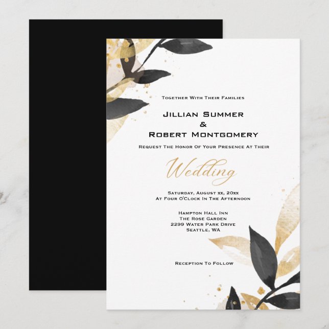 Elegant Black With Gold Wedding Invitation (Front/Back)