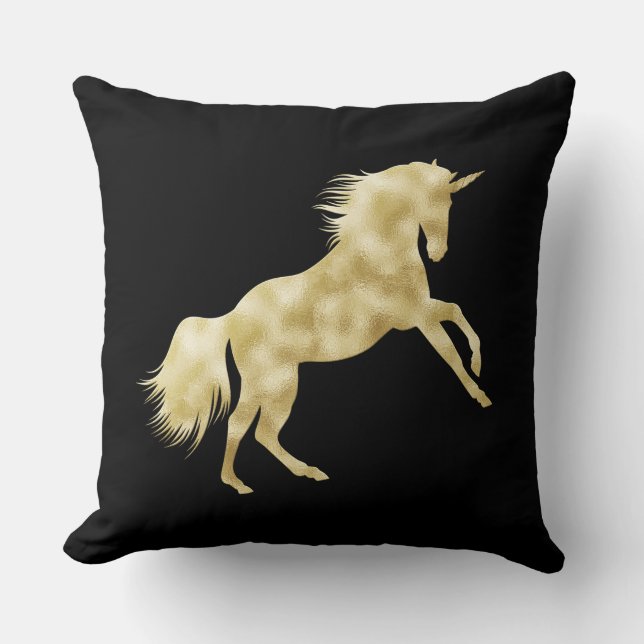 ELEGANT BLACK WITH GOLDEN UNICORN THROW PILLOW (Front)