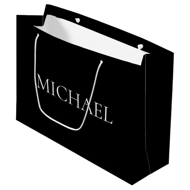 Elegant Black with Name Large Gift Bag (Front Angled)