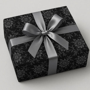 Elegant Black With Silver Damask  Wrapping Paper