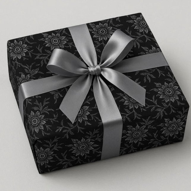 Elegant Black With Silver Damask  Wrapping Paper (elegant gothic or dark theme wedding gift wrap.  Black with crystal floral accent)