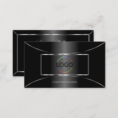 Elegant Black with Silver Decoration and Logo Cool Business Card