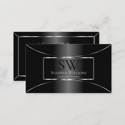 Elegant Black with Silver Decoration and Monogram Business Card