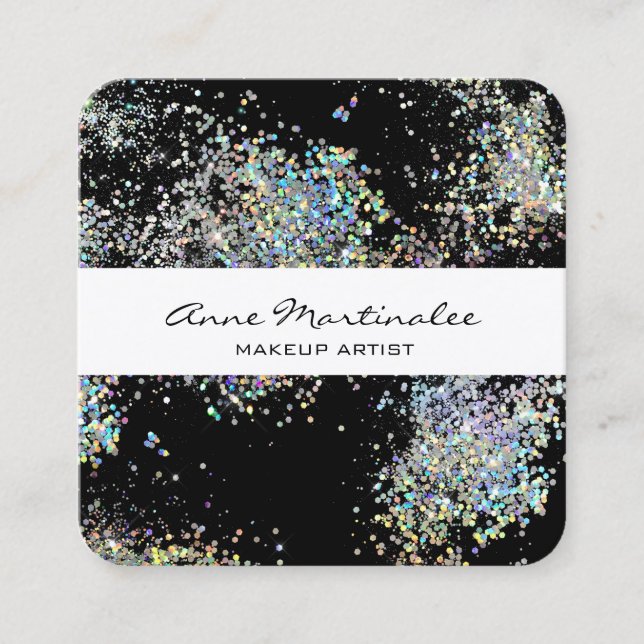Elegant Black with Silver Faux Glitter  Square Business Card (Front)
