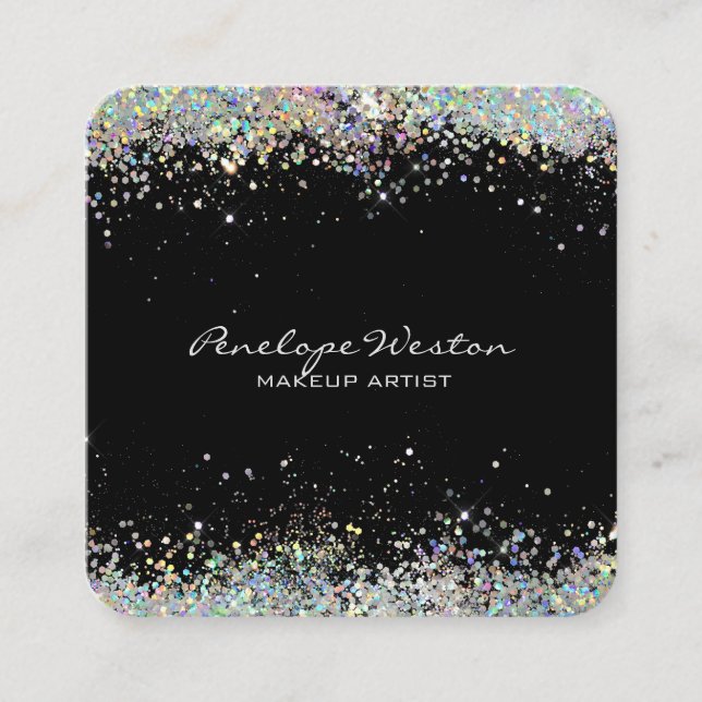 Elegant Black with Silver Glitter  Square Business Card (Front)