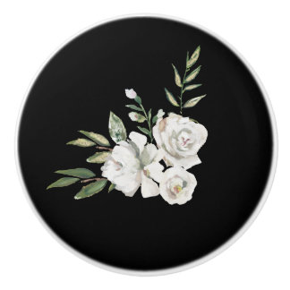 Elegant Black with White Flowers Drawer Ceramic Knob