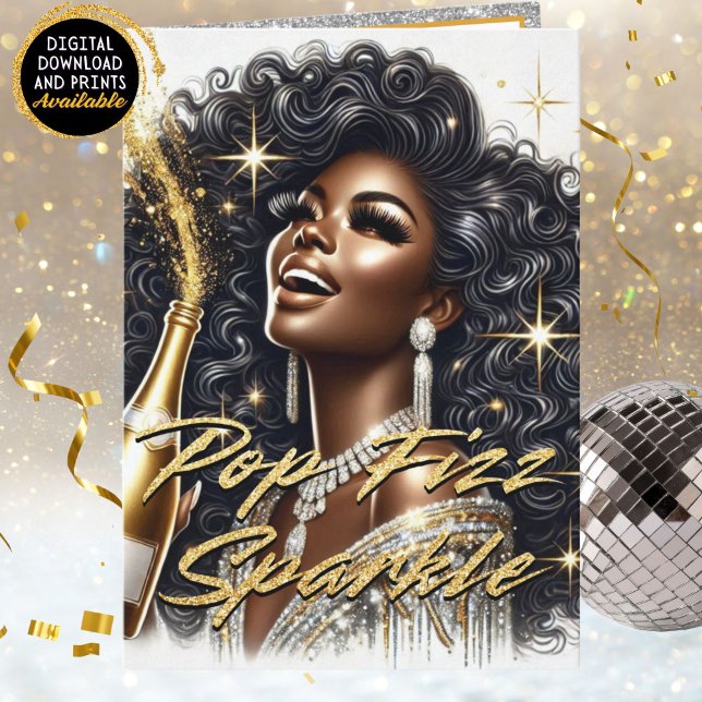 Elegant Black woman Black & Gold New Year Holiday Card (A glamorous Black woman with natural hair wearing a silver and gold outfit, popping champagne)