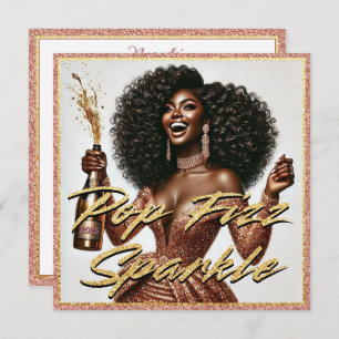 Elegant Black Woman Rose Gold Champagne New Year's Card