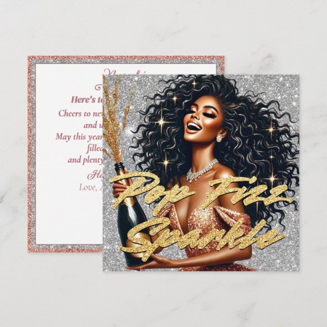 Elegant Black Woman Rose Gold Champagne New Year's Card (Front/Back)