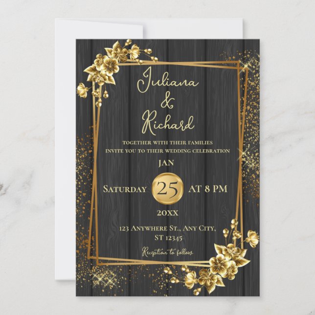 Elegant Black Wood & Gold Floral Wedding Invitatio Invitation (Front)