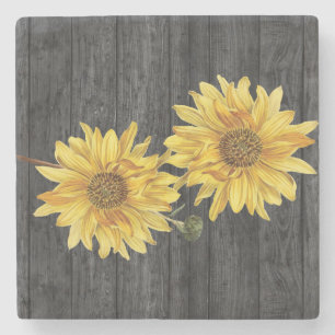 Elegant Black Wood Grain and Sunflower Coaster