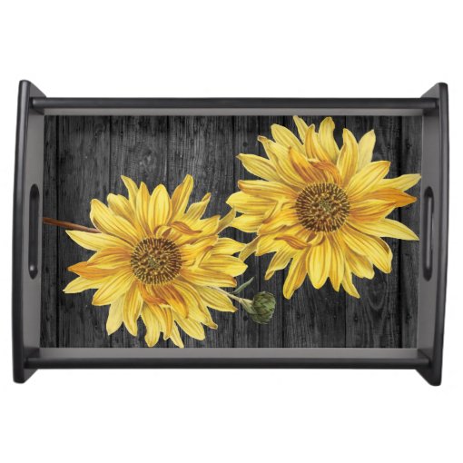 Elegant Black Wood Grain and Sunflower Tray | Zazzle