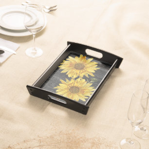 Elegant Black Wood Grain and Sunflower Tray