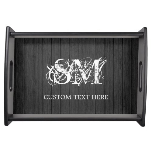 Elegant Black Wood Look with White Monogram Text Serving Tray