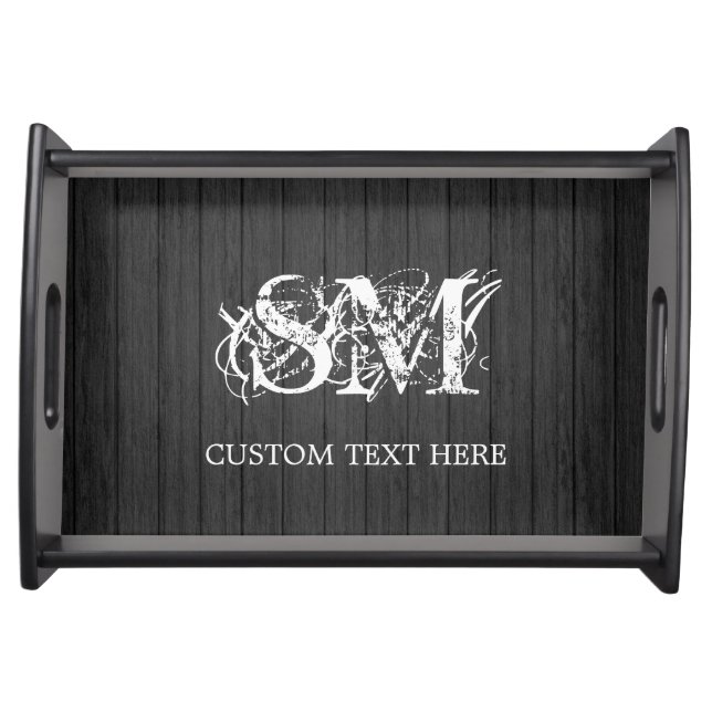 Elegant Black Wood Look with White Monogram Text Serving Tray (Front)
