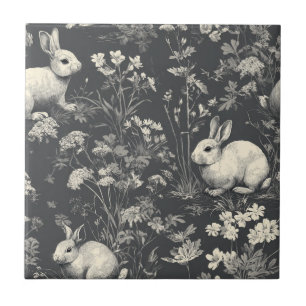 Elegant Black Woodland Rabbit Toile Pattern Ceramic Tile