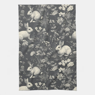 Elegant Black Woodland Rabbit Toile Pattern Kitchen Towel