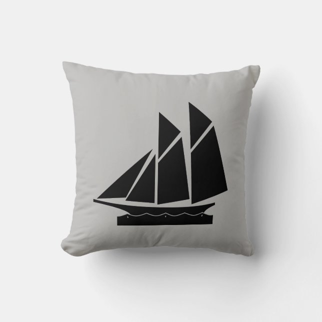 Elegant Black Yacht on Light Gray Throw Pillow (Front)