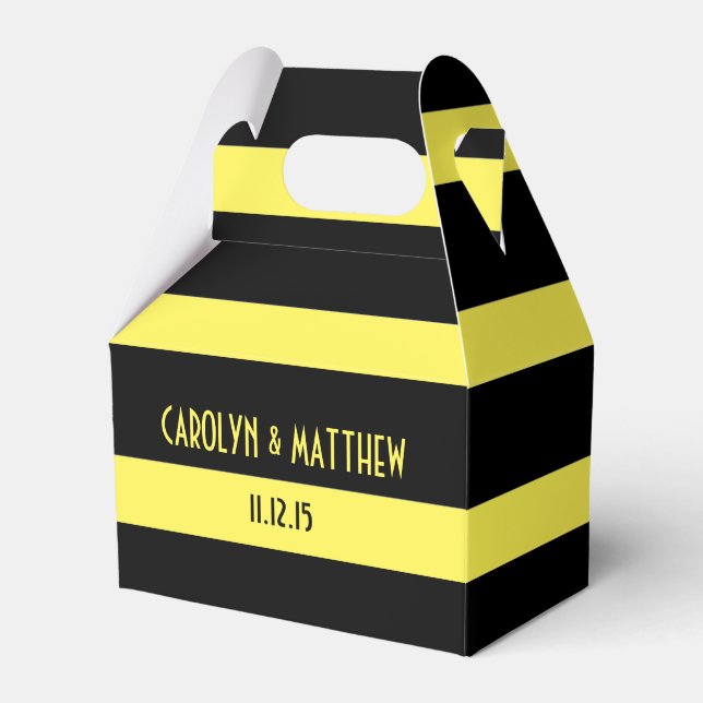Elegant Black Yellow Stripes Wedding Favor Boxes (Front Side)
