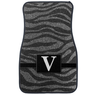 Elegant Black Zebra Glitter Monogrammed Classic Car Floor Mat