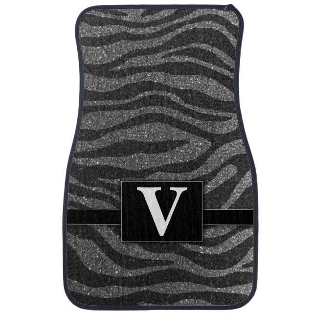Elegant Black Zebra Glitter Monogrammed Classic Car Floor Mat (Front)