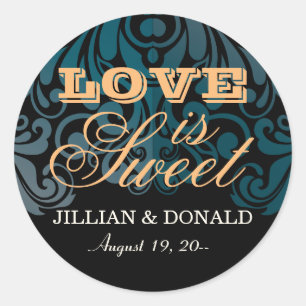 Elegant Black Zircon Damask Monogram Favor Classic Round Sticker