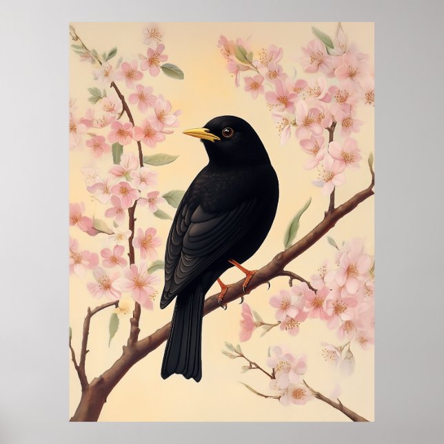 Elegant Blackbird on Blossoms Poster (Front)