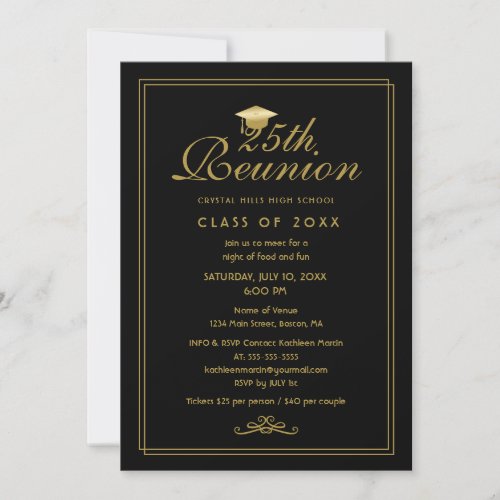 Elegant Blacki Gold 25th Class Reunion Invitation