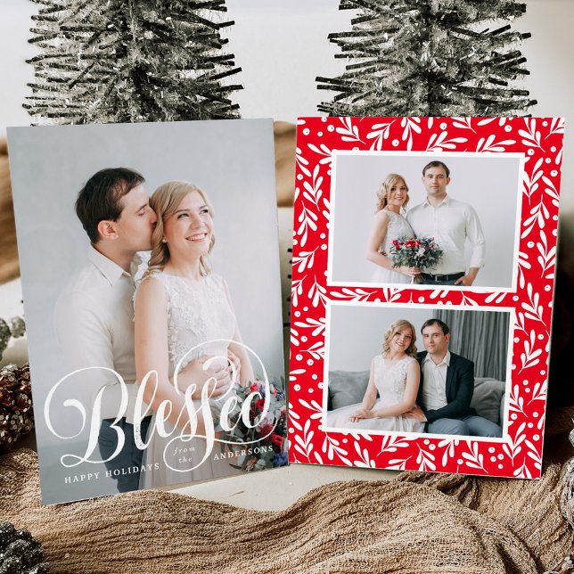 Elegant Blessed Hand-Lettered Script 3 Photo Holiday Card (Creator Uploaded)