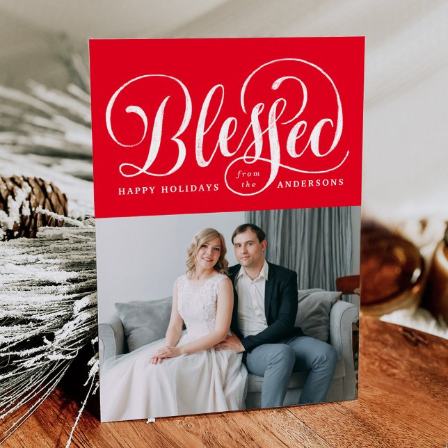 Elegant Blessed Hand-Lettered Script Red Photo Holiday Card (Creator Uploaded)
