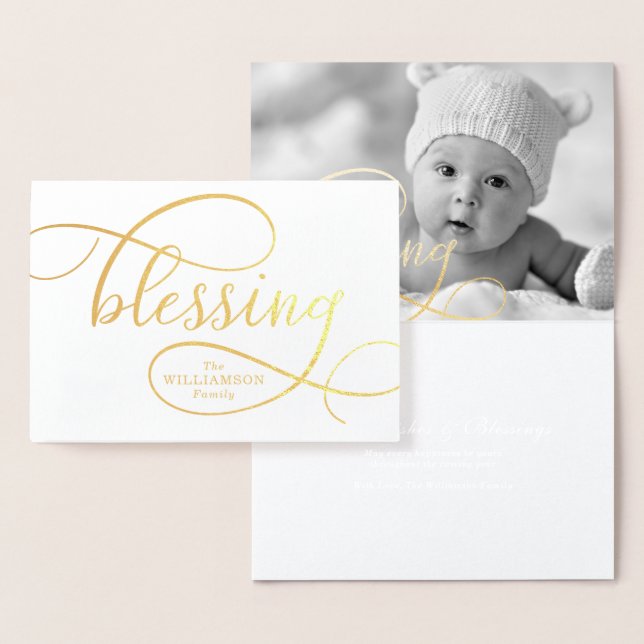 Elegant Blessing Script handwriting Family Holiday Foil Card (Display)