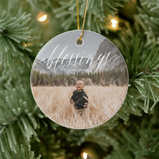 Elegant Blessings Script Holiday Ceramic Ornament (Tree)