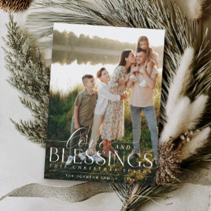 Elegant Blessings Script Photo Greenery Christmas Holiday Card
